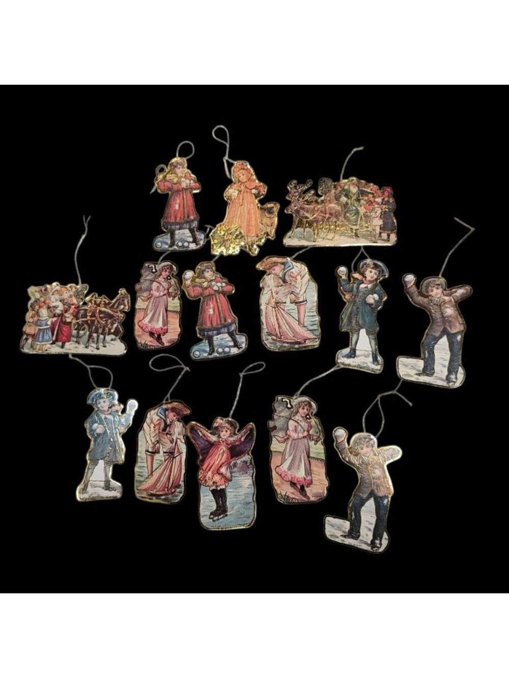 VTG Victorian Christmas Ornaments Lot of 14 Double Sided Die Cut Gold Foil